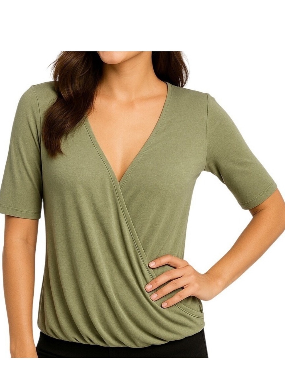 EUC Banana Republic Buttery Soft Olive Green Draped Surplice Top Model Blend